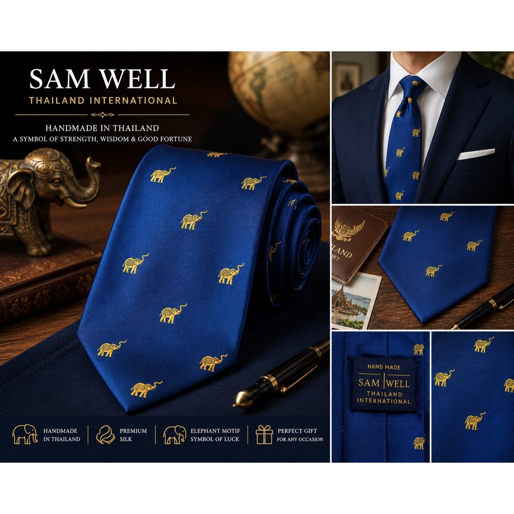 Sam Well Thailand International Elephant Blue Silk Necktie Handmade Novelty Tie